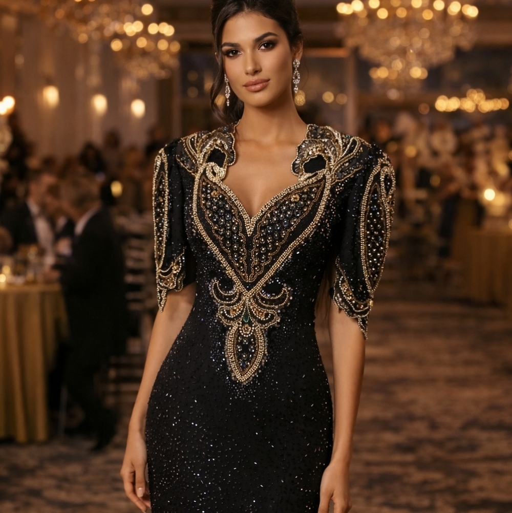 NWOT Vintage Showtime Pure Silk Hand Beaded Evening Gown SZ 10  Rare 90s